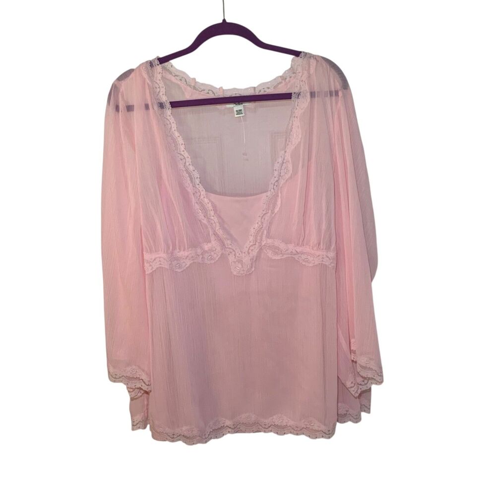 Cato Baby Pink Sheer Chiffon Lace Trim V Neck Top 26/28 Fairycore Romantic